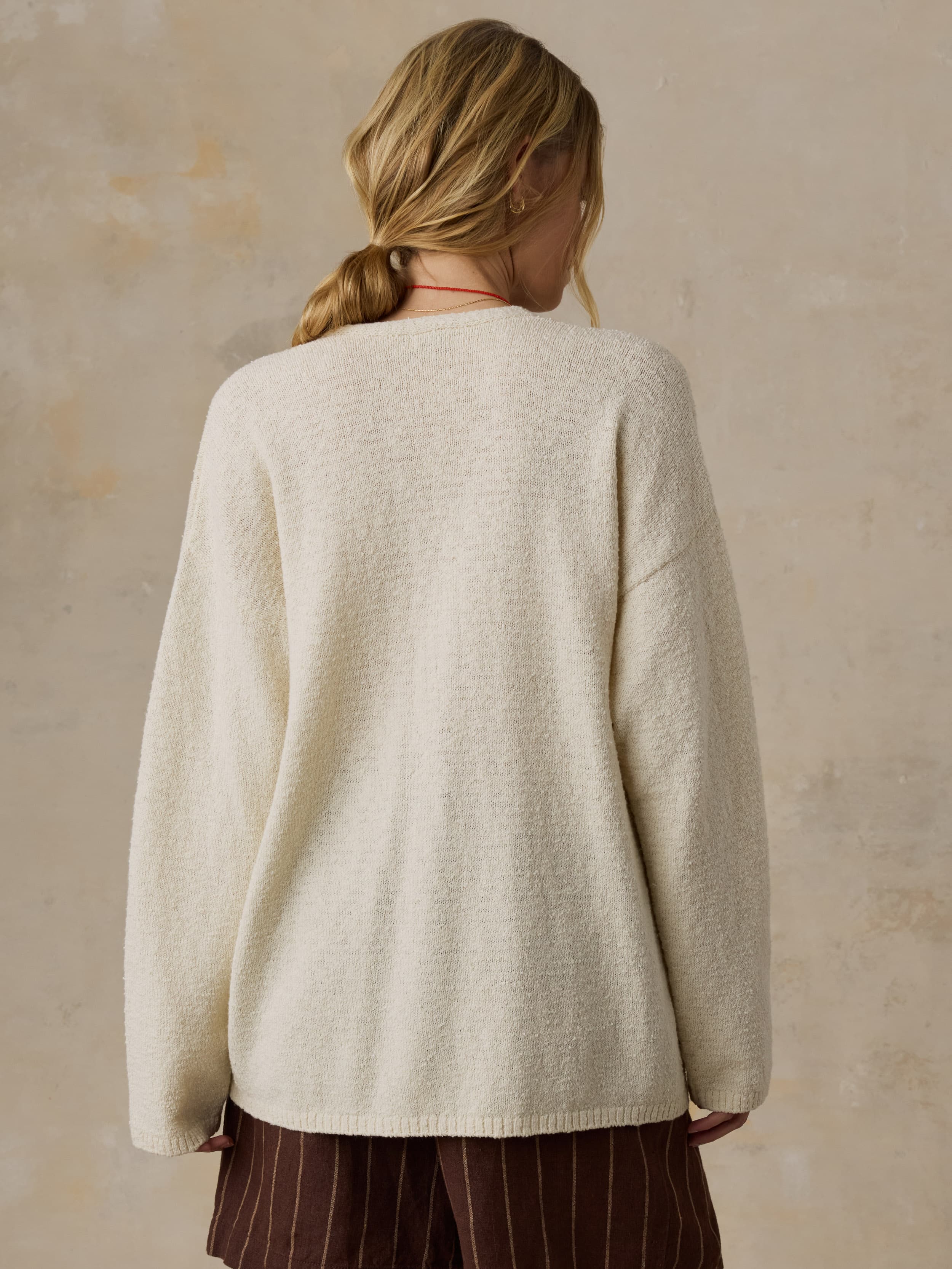 Boucle Deep V-Neck Sweater - Cream - Image 3