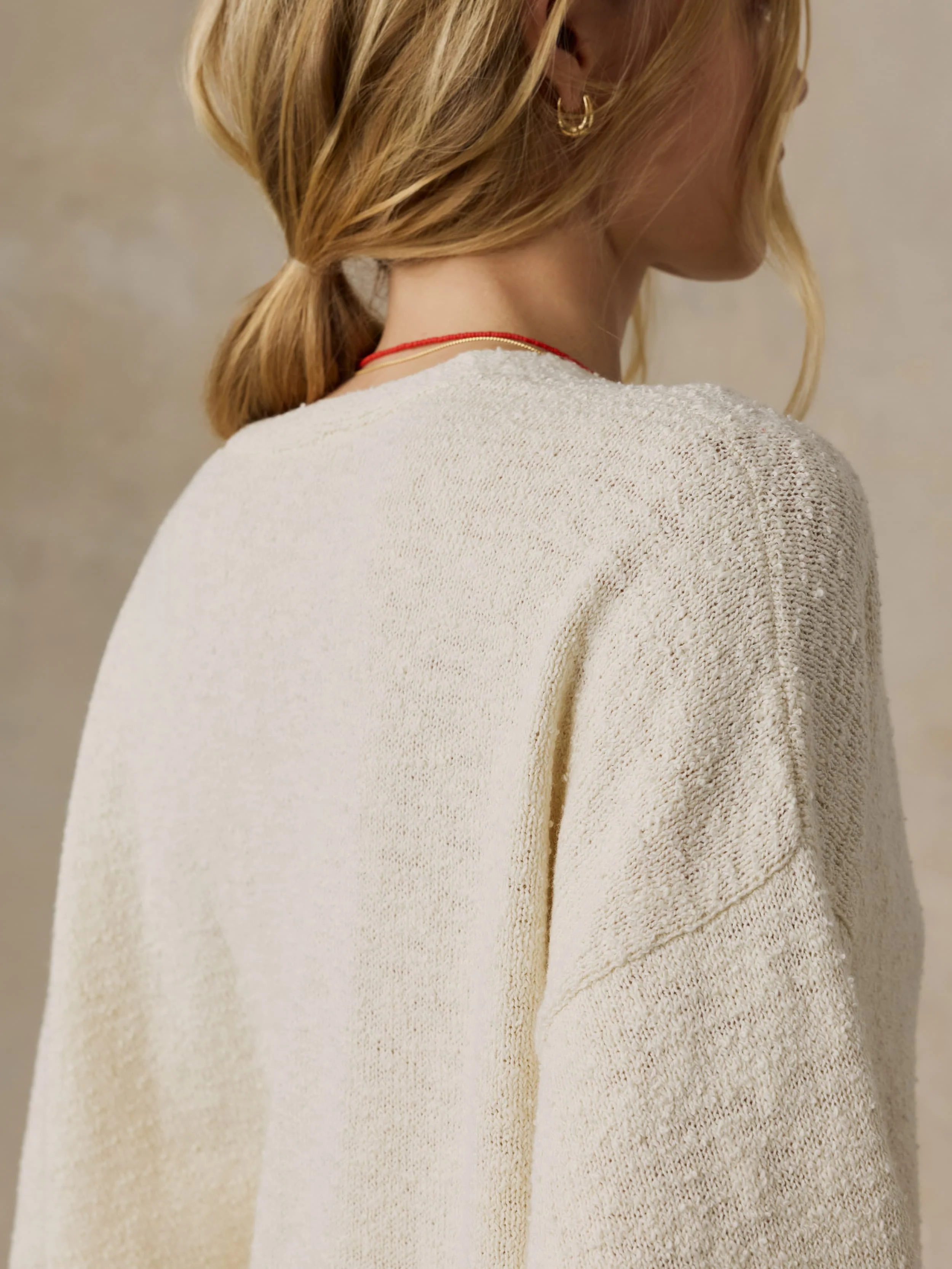 Boucle Deep V-Neck Sweater - Cream - Image 5