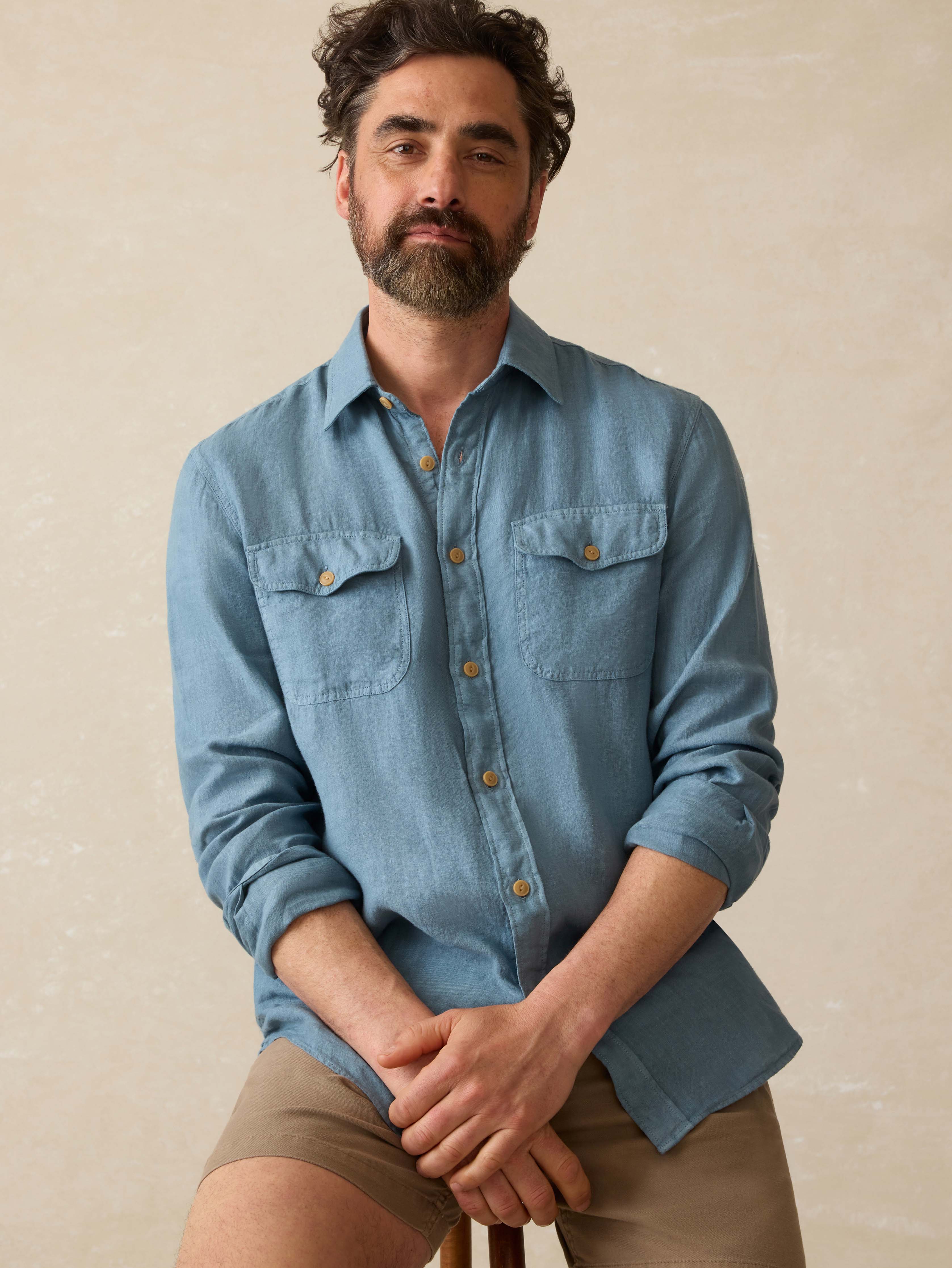 Irish Linen Safari Shirt - Deep Marine - Image 5