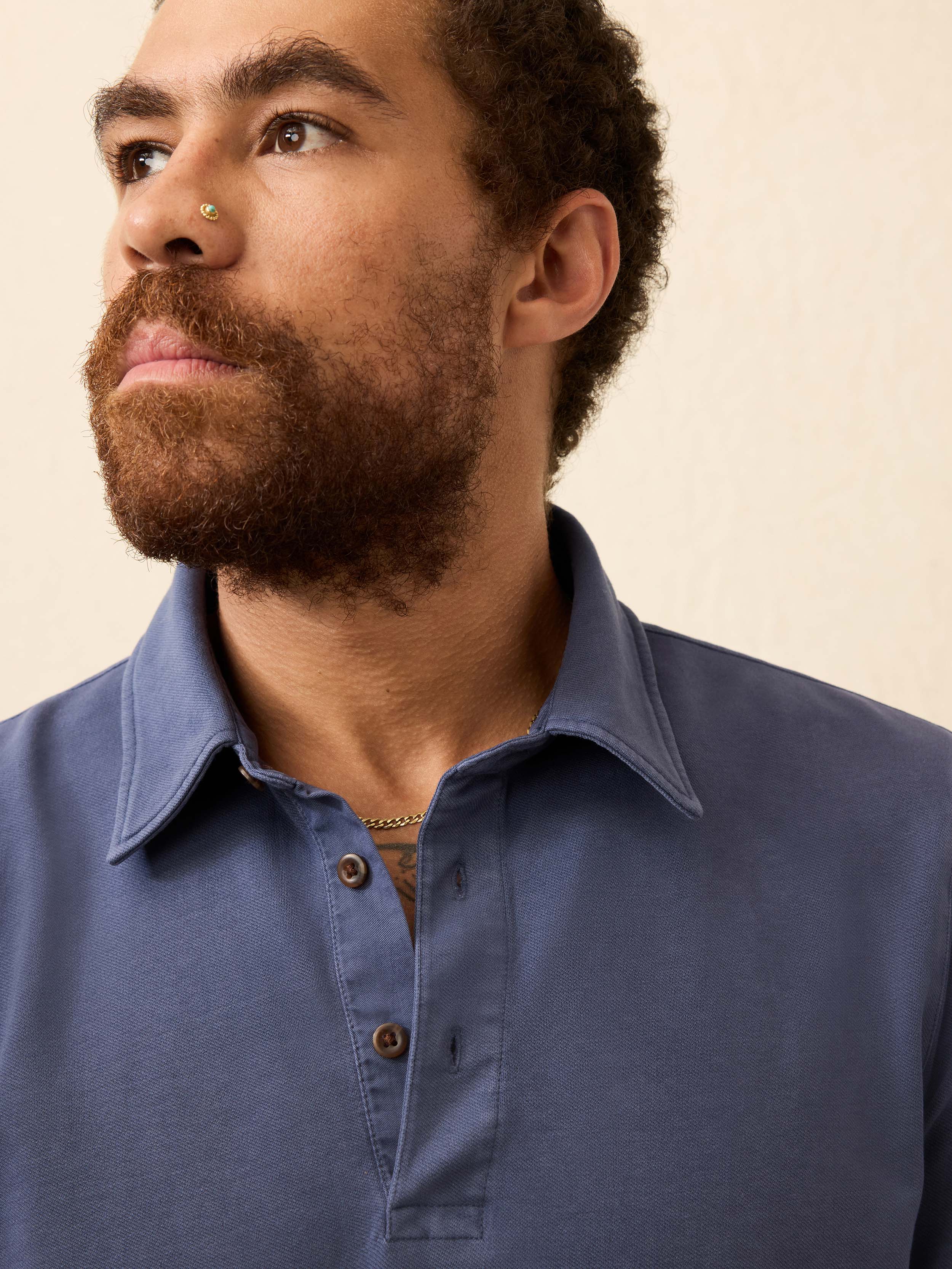 Long-Sleeve Twill Knit Polo - Blue Nights - Image 3