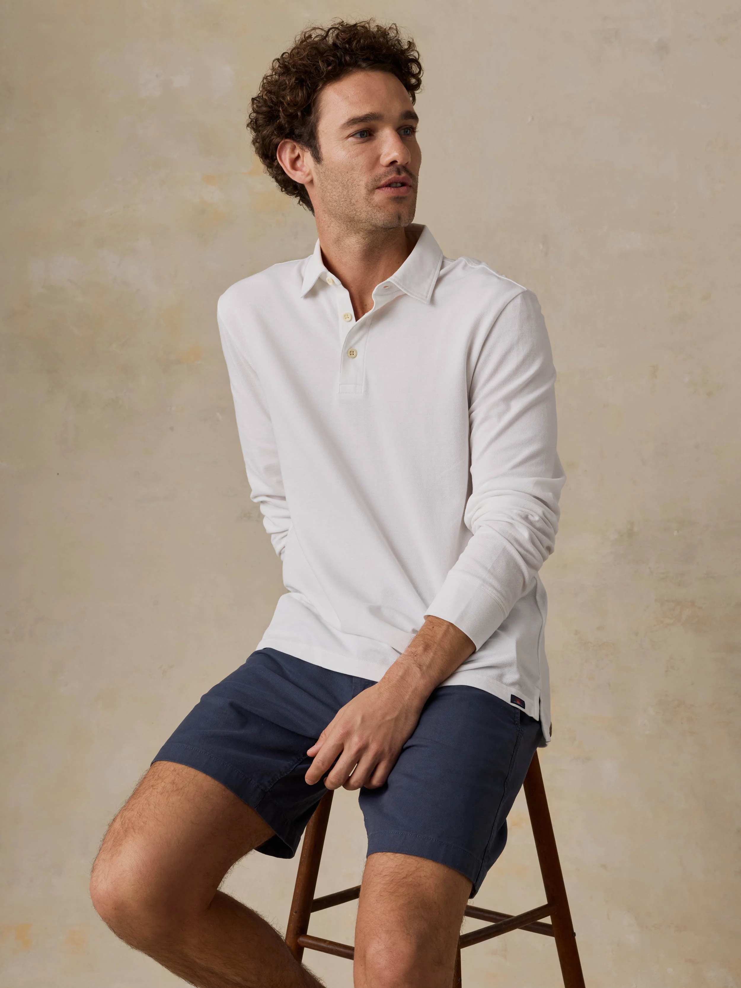 Long-Sleeve Sunwashed Pique Polo - Pure White - Image 2