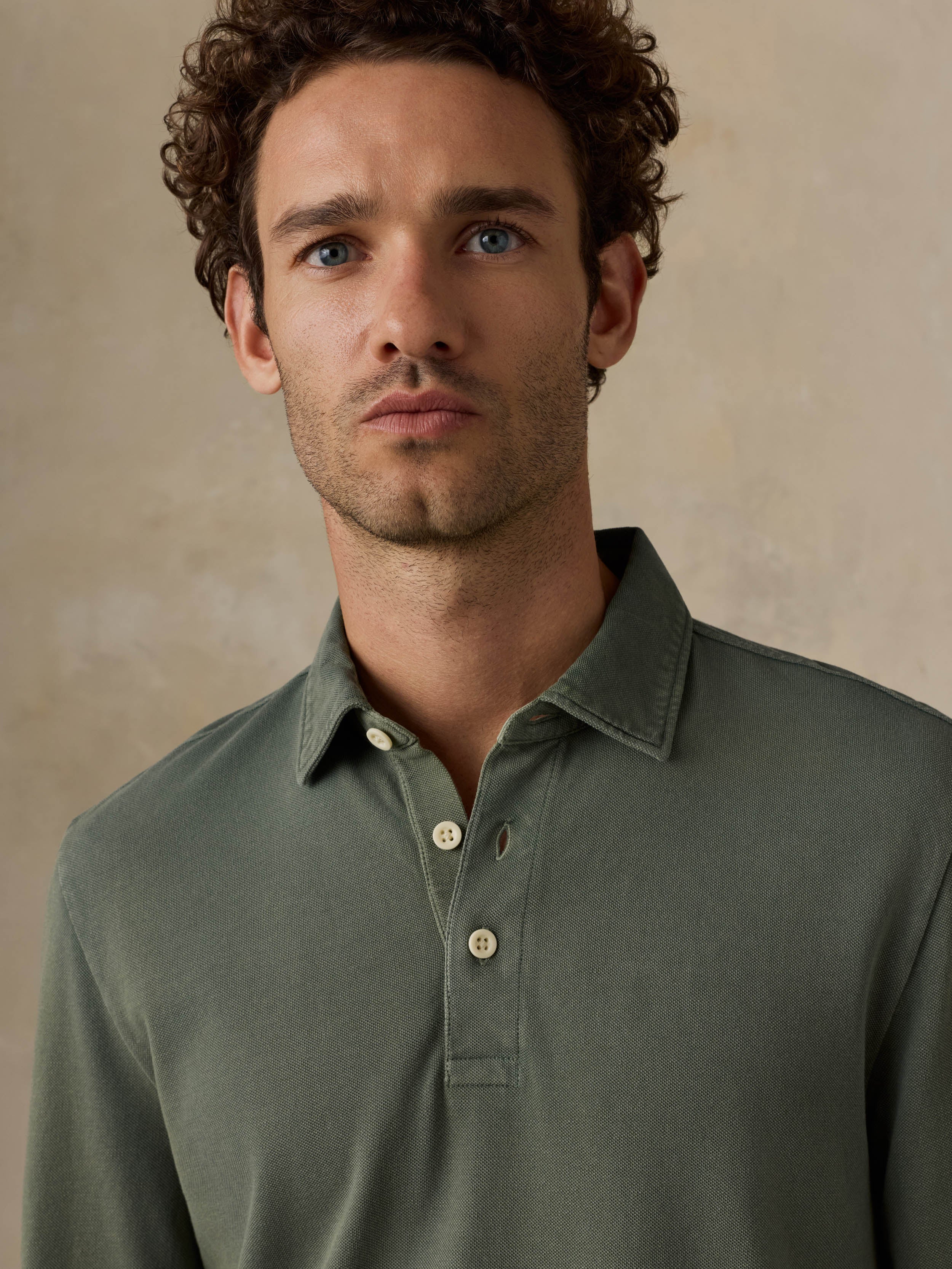 Long-Sleeve Sunwashed Pique Polo - Ridge Olive - Image 2