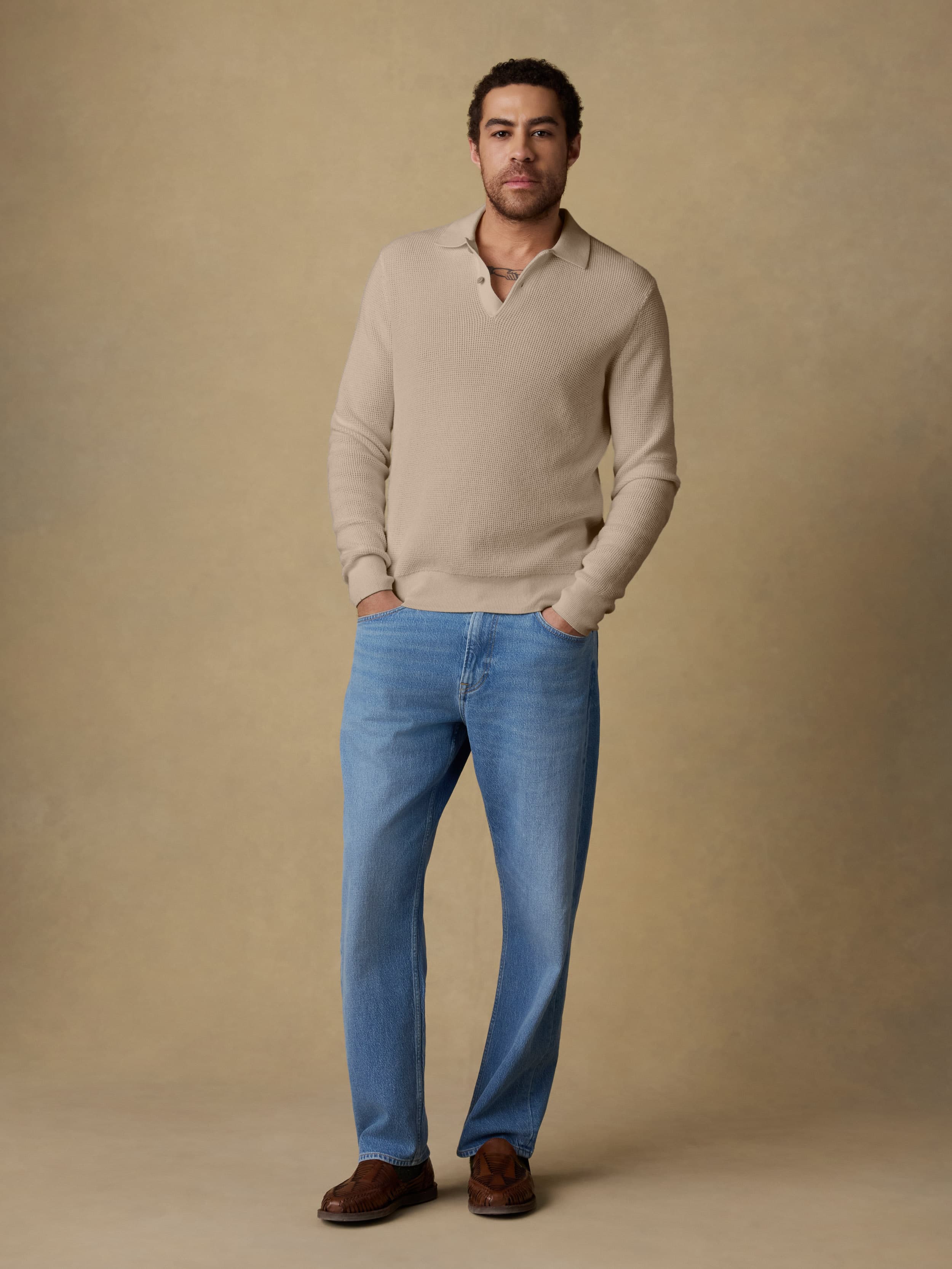 Long-Sleeve Sunwashed Sweater Polo - Natural - Image 4