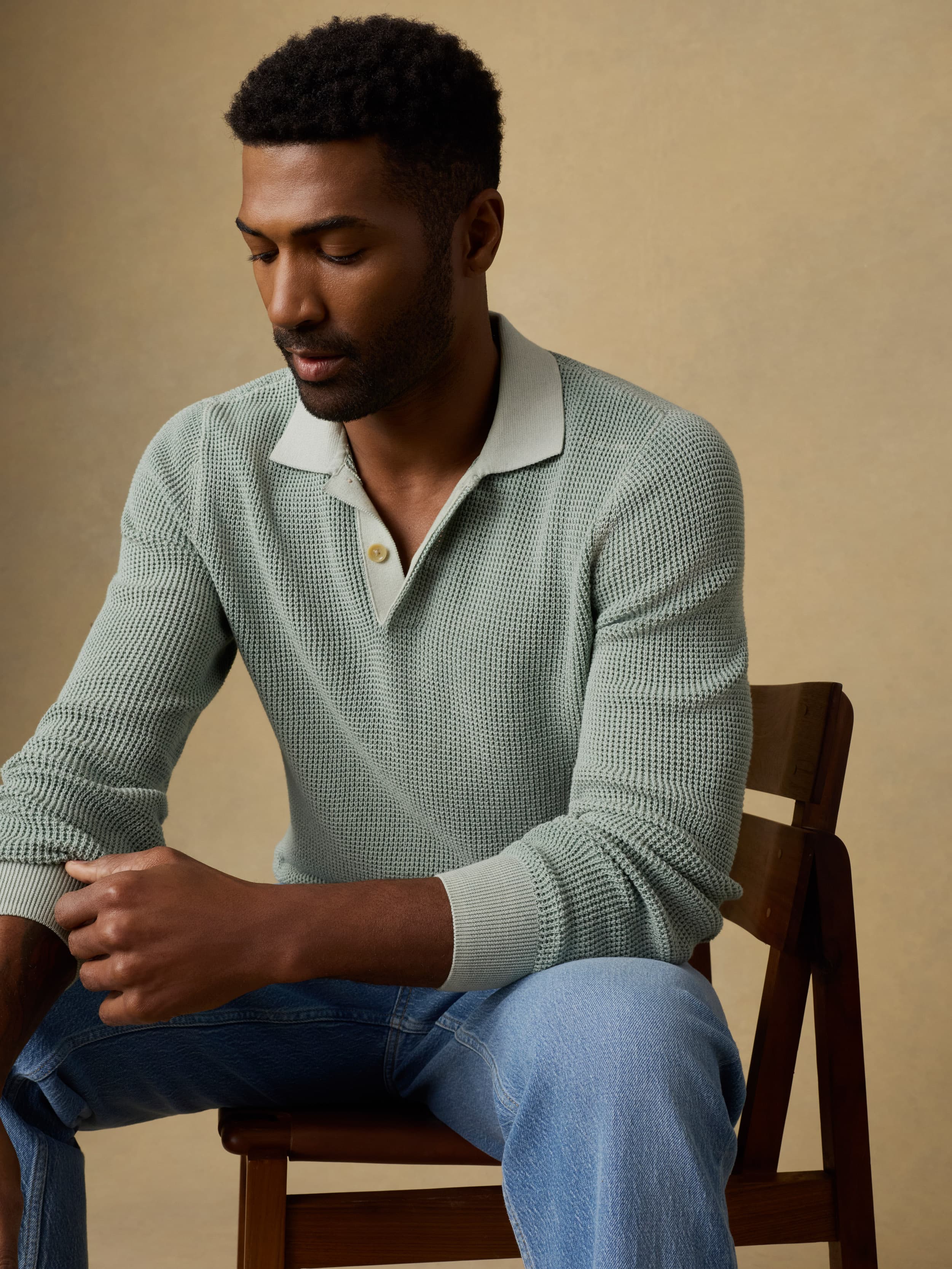 Long-Sleeve Sunwashed Sweater Polo - Sea Break - Image 2