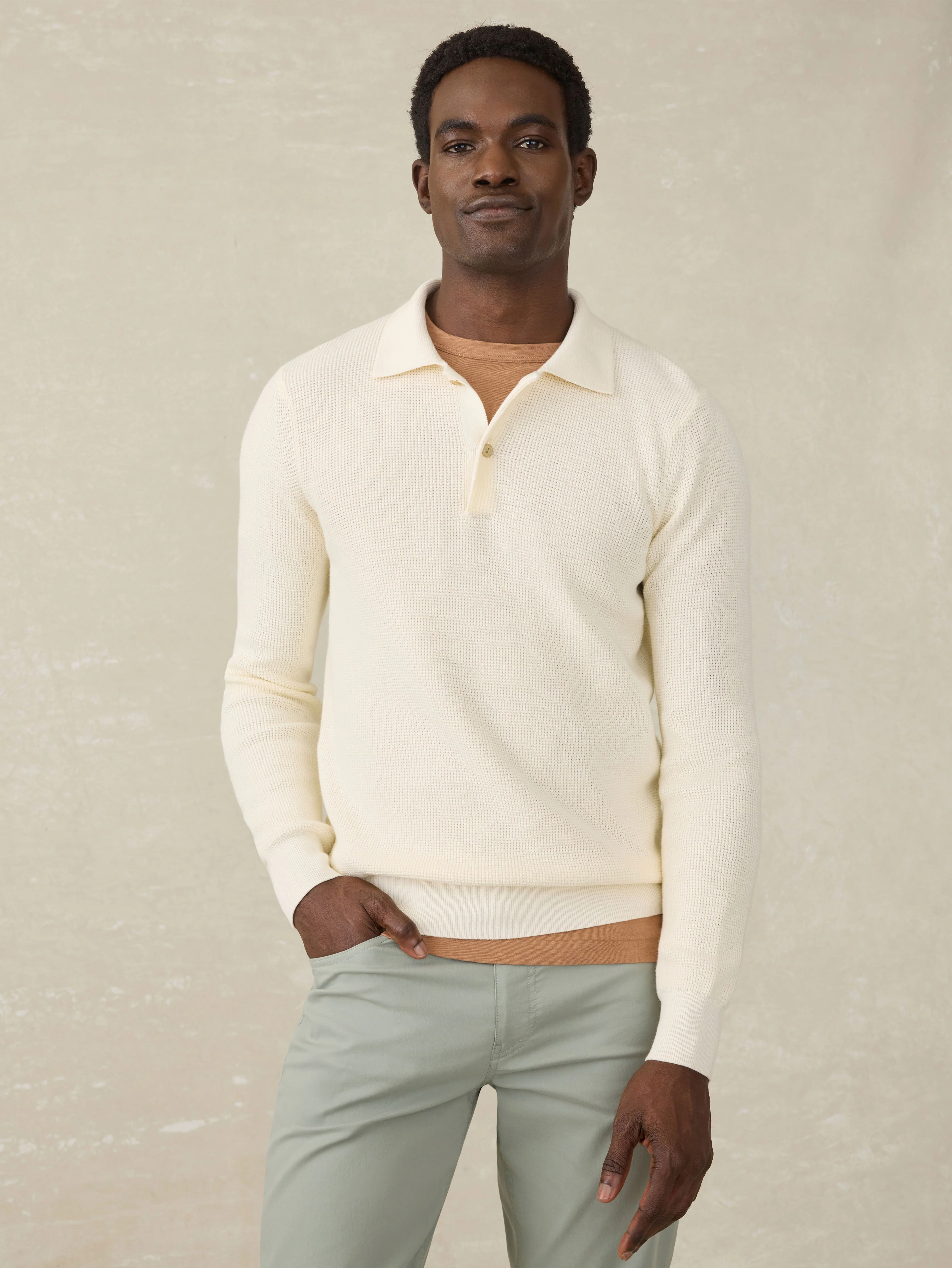 Long-Sleeve Sunwashed Sweater Polo - White Shell - Image 4