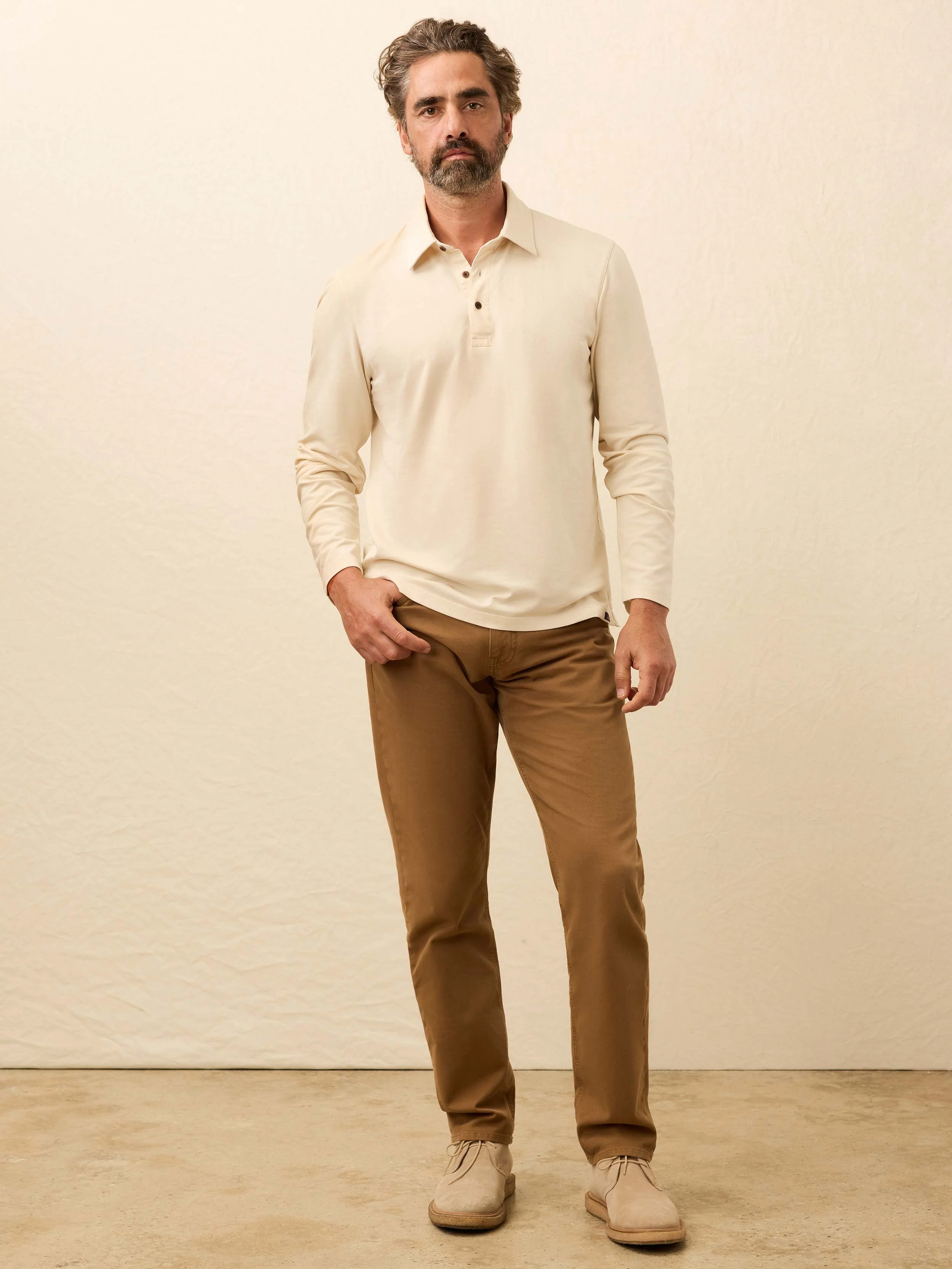 Long-Sleeve Twill Knit Polo - Coastal Cream - Image 3