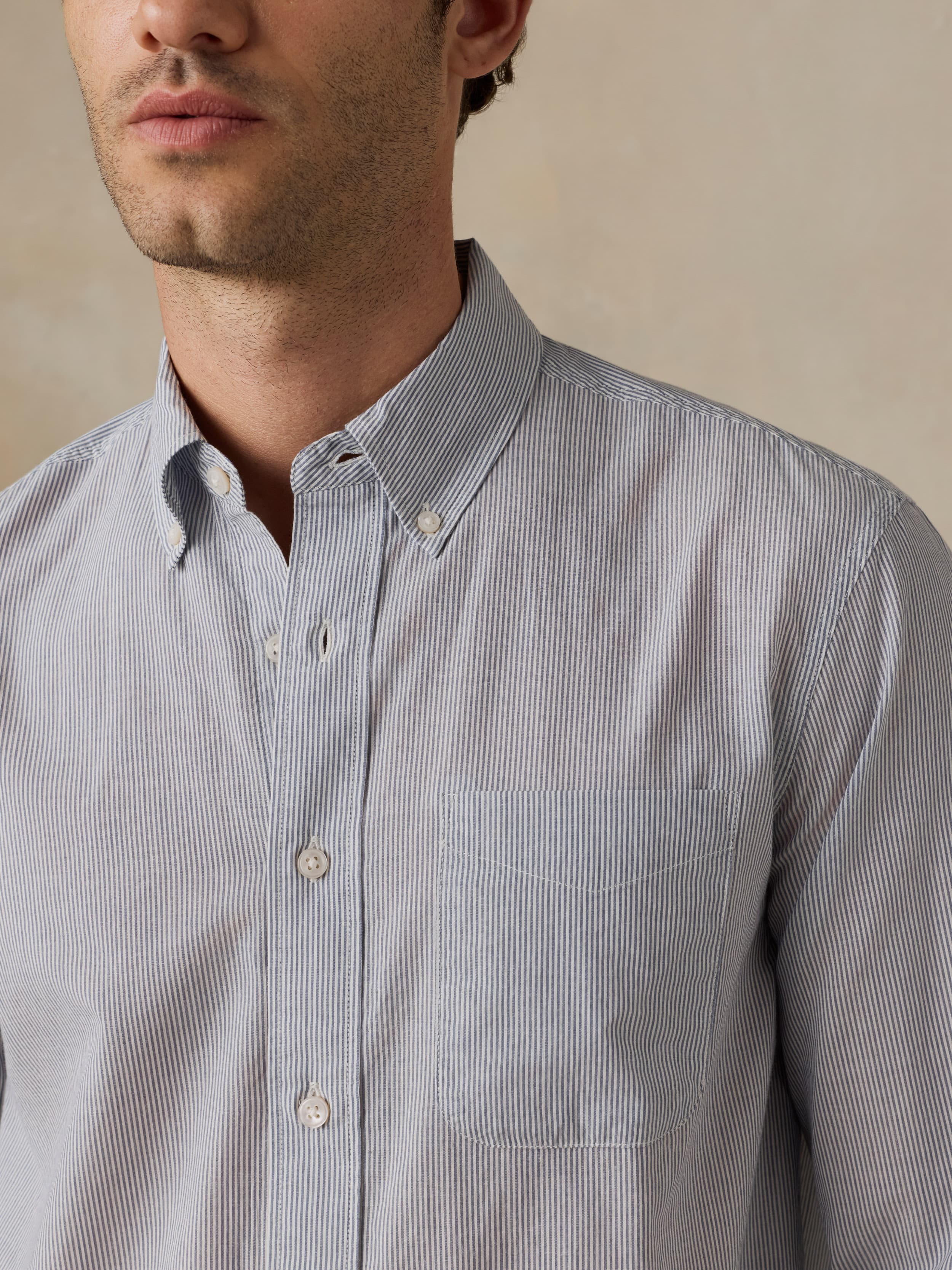 Long-Sleeve Weightless Cotton Shirt - Ivory Lake Stripe - Image 2