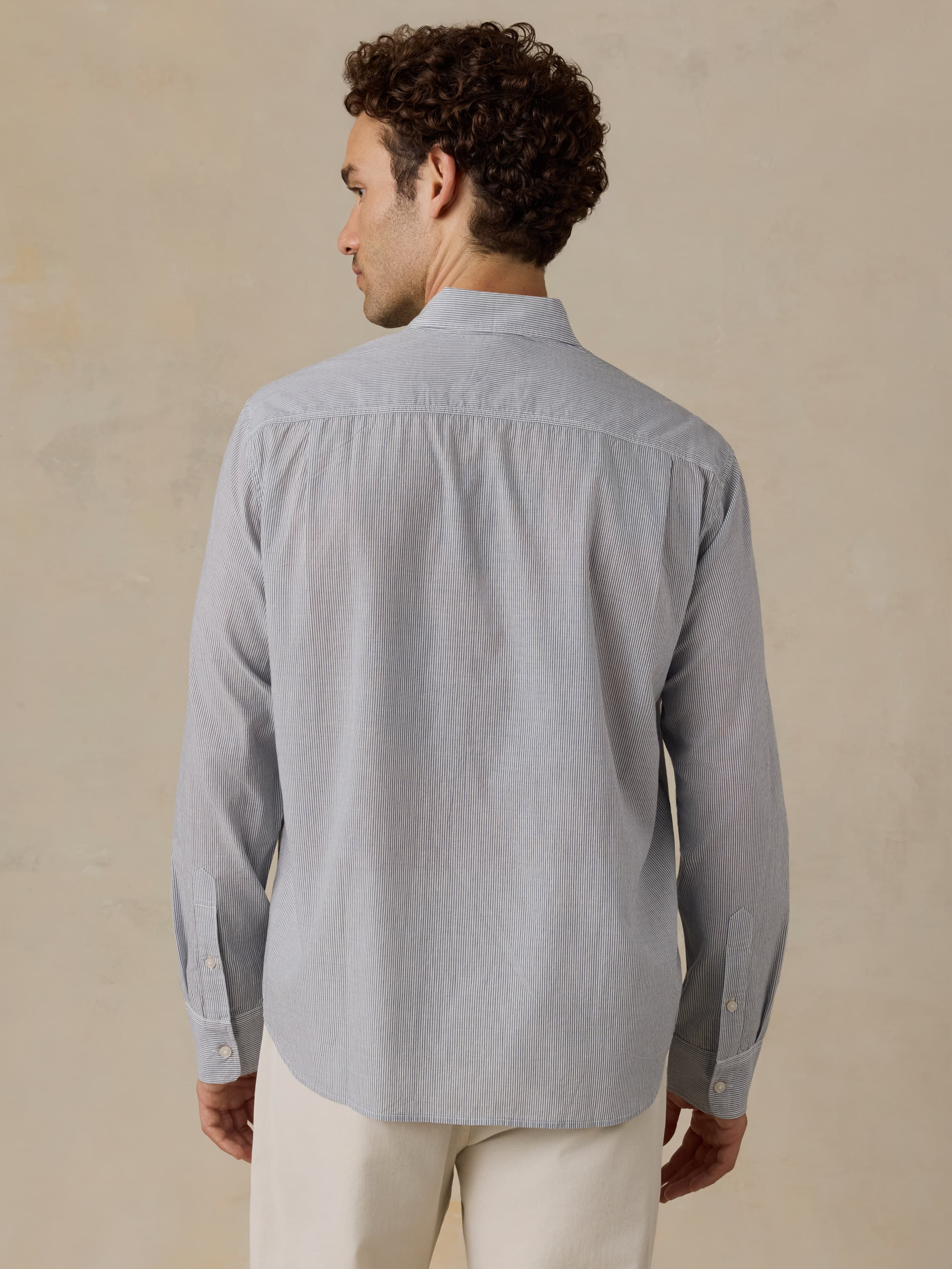 Long-Sleeve Weightless Cotton Shirt - Ivory Lake Stripe - Image 3