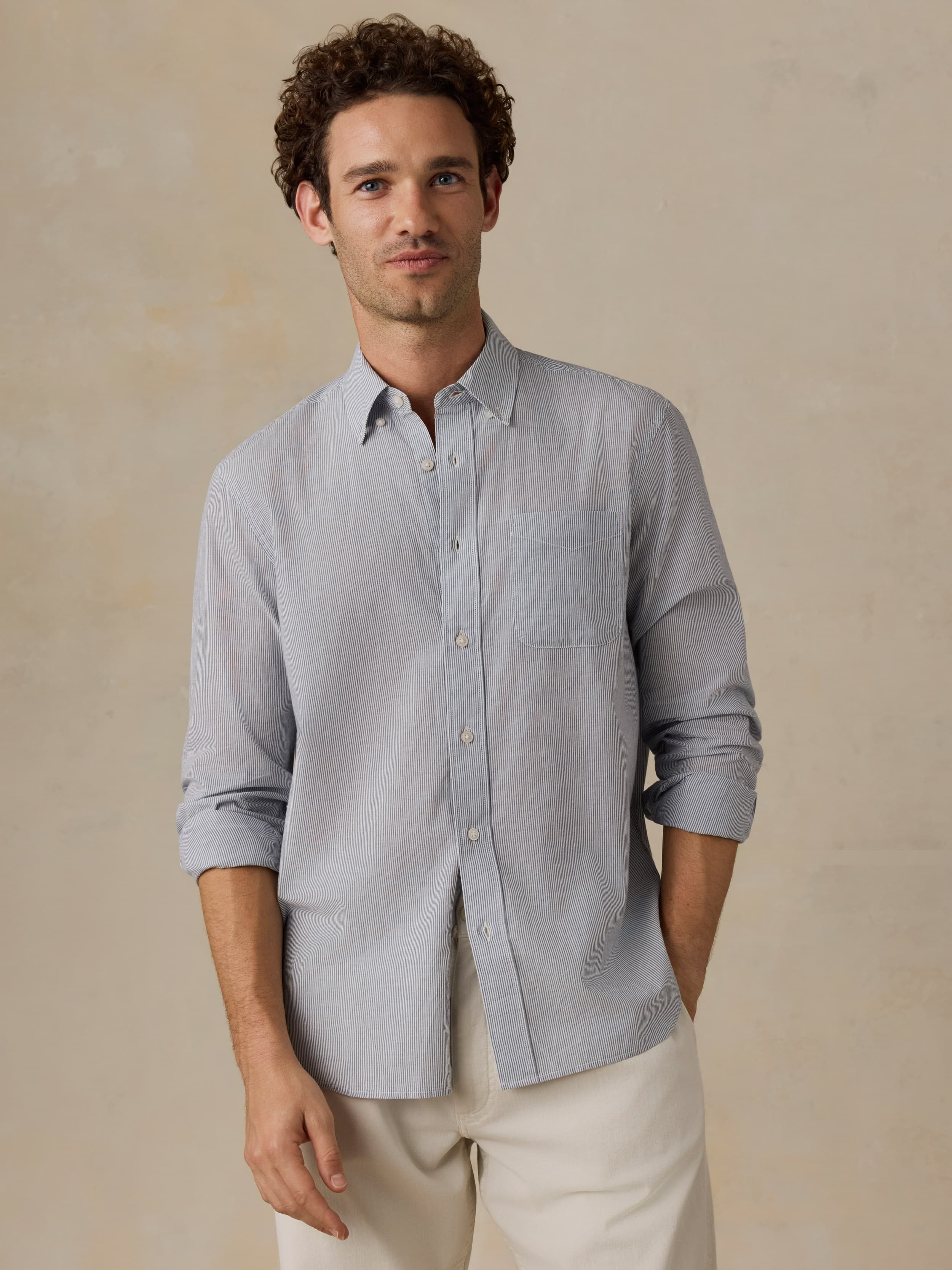 Long-Sleeve Weightless Cotton Shirt - Ivory Lake Stripe - Image 4