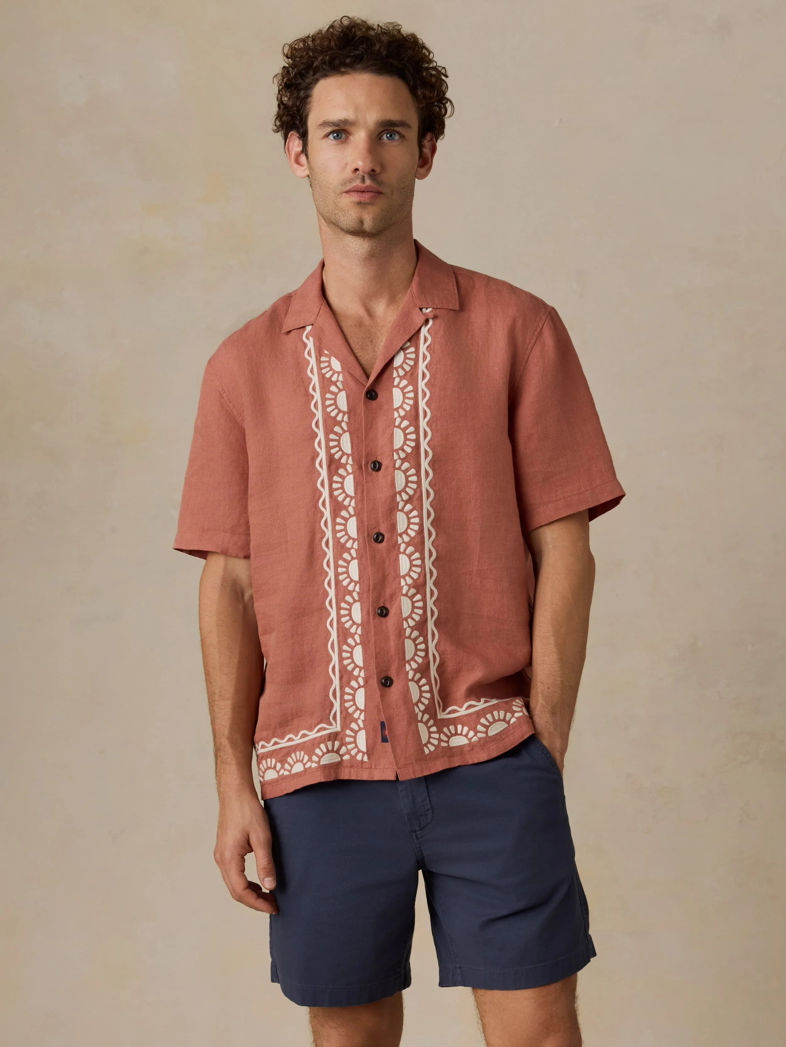 Short-Sleeve Embroidered Shirt - Dusty Sienna - Image 2