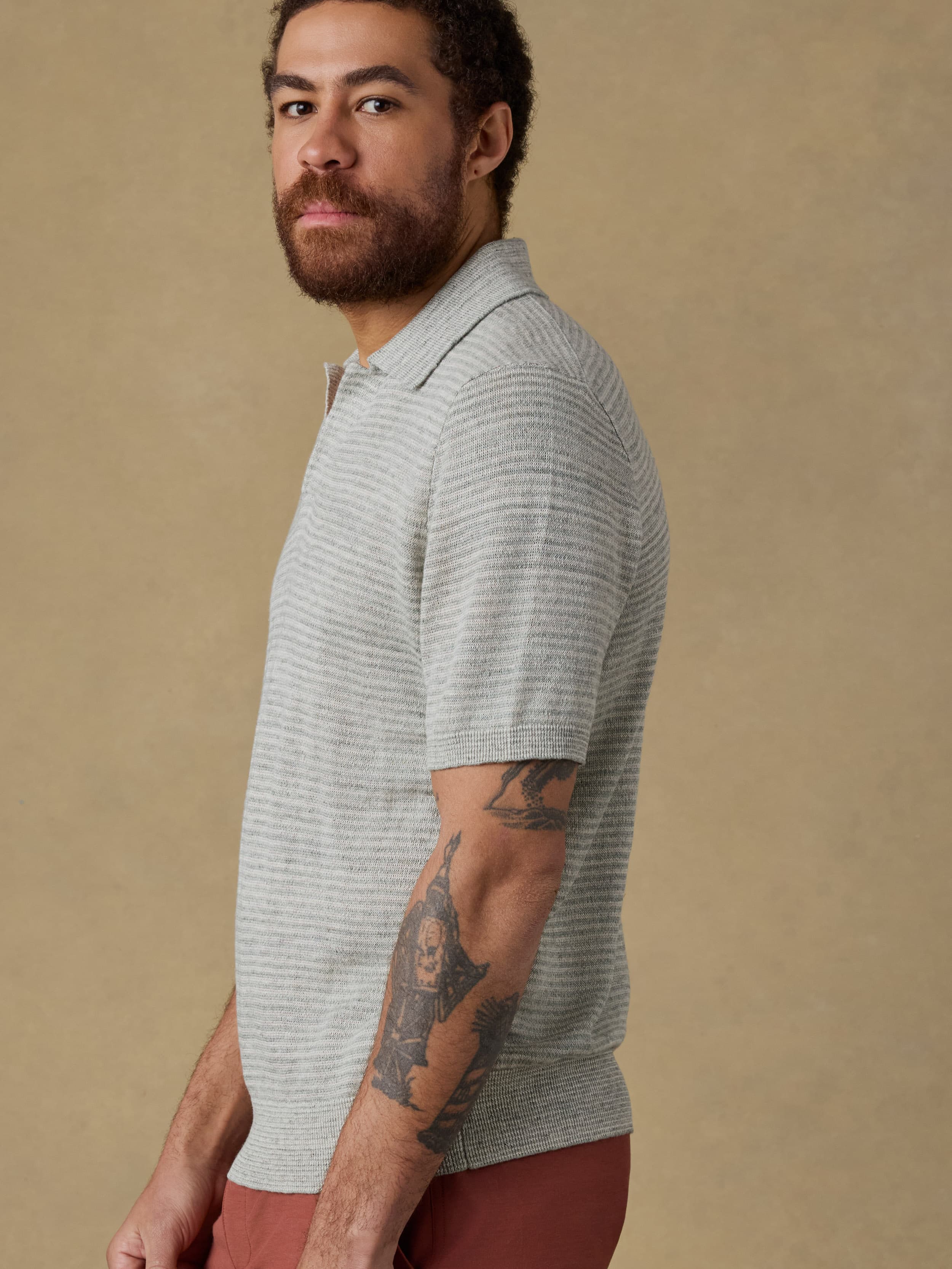 Short-Sleeve Linen Sweater Polo - Beach Tree Stripe - Image 5