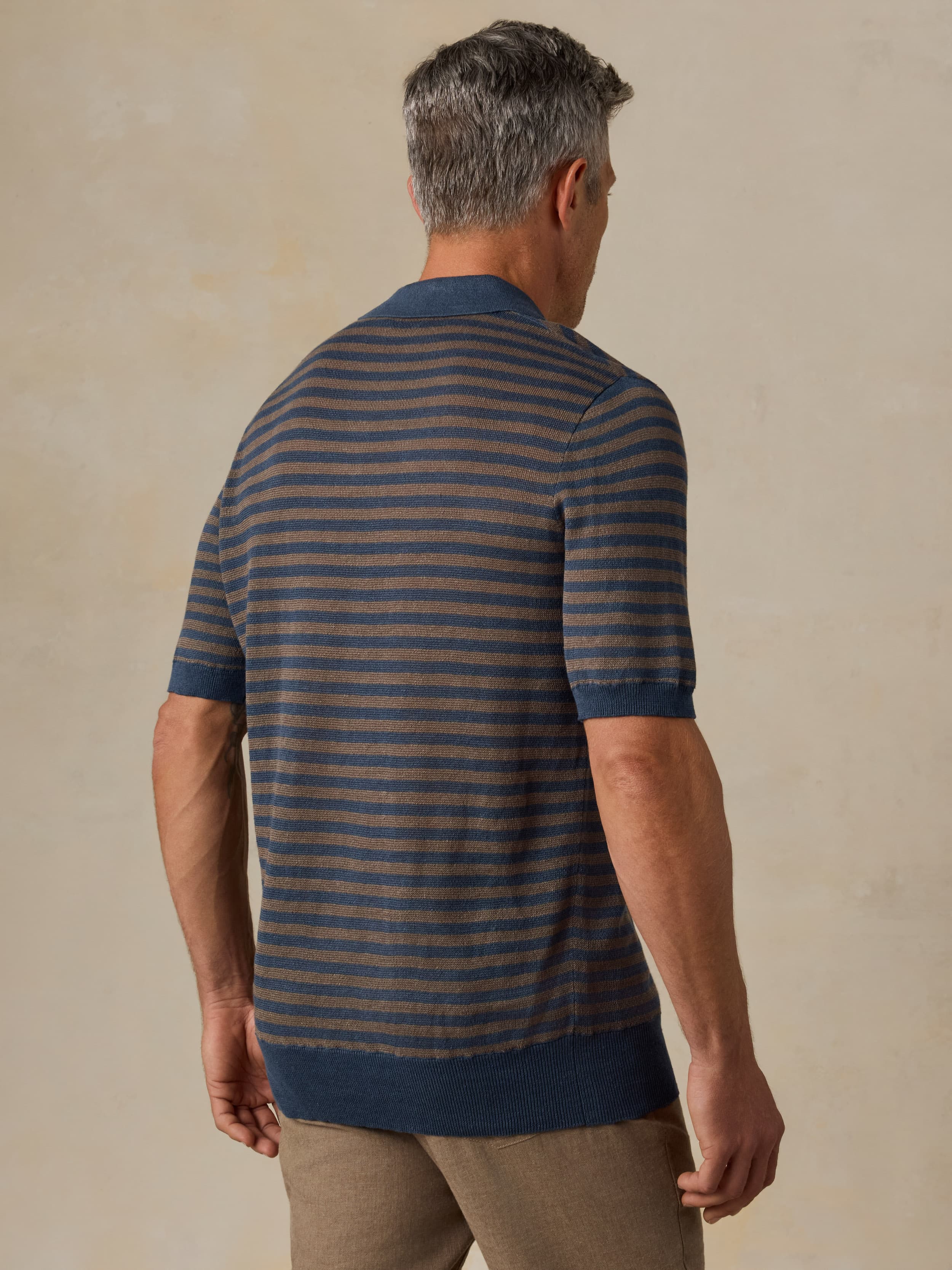Short-Sleeve Linen Sweater Polo - Navy Cedar Stripe - Image 3
