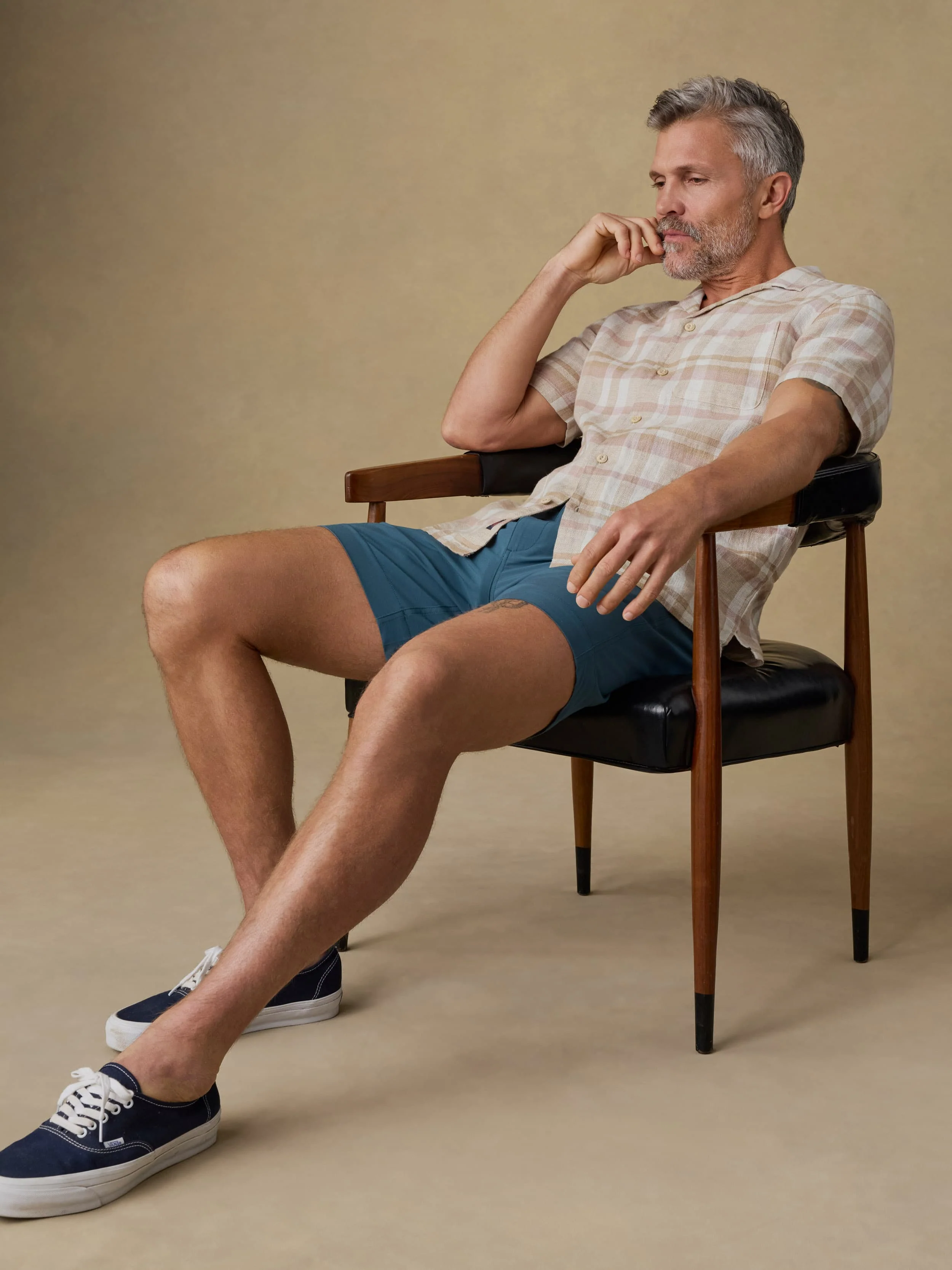 Short-Sleeve Palma Linen Camp Shirt - Mauve Sand Plaid - Image 2