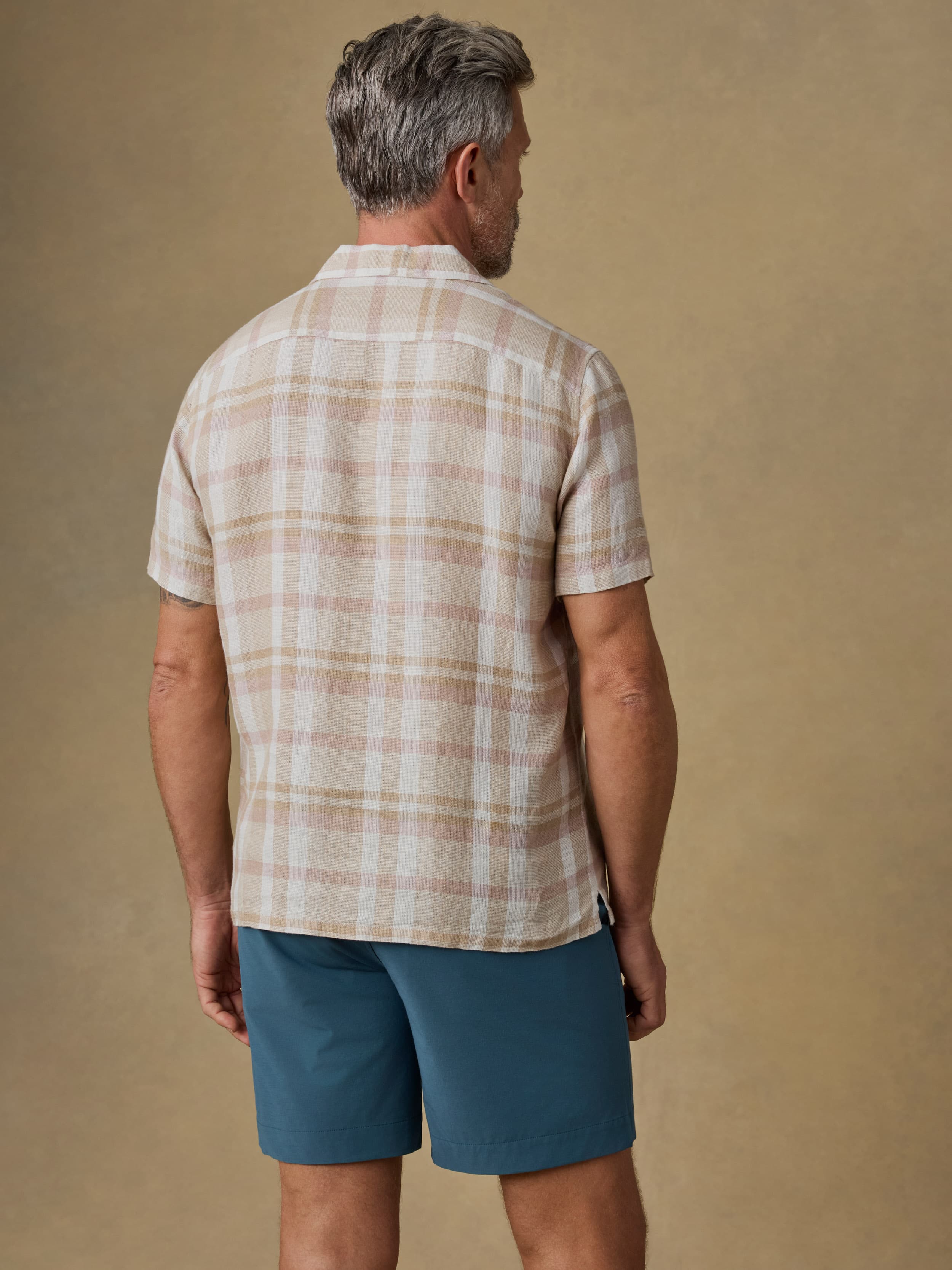 Short-Sleeve Palma Linen Camp Shirt - Mauve Sand Plaid - Image 3