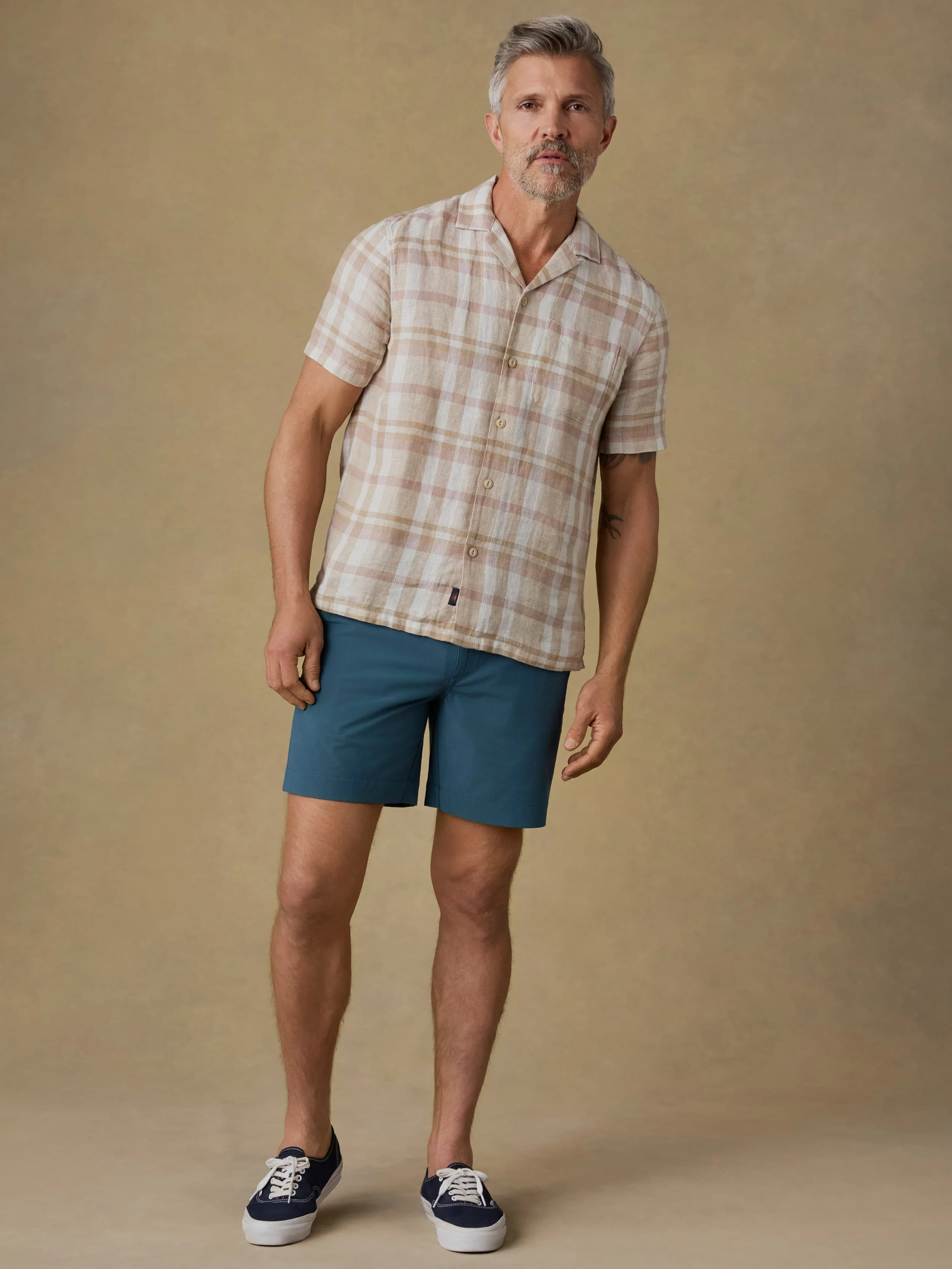 Short-Sleeve Palma Linen Camp Shirt - Mauve Sand Plaid - Image 6