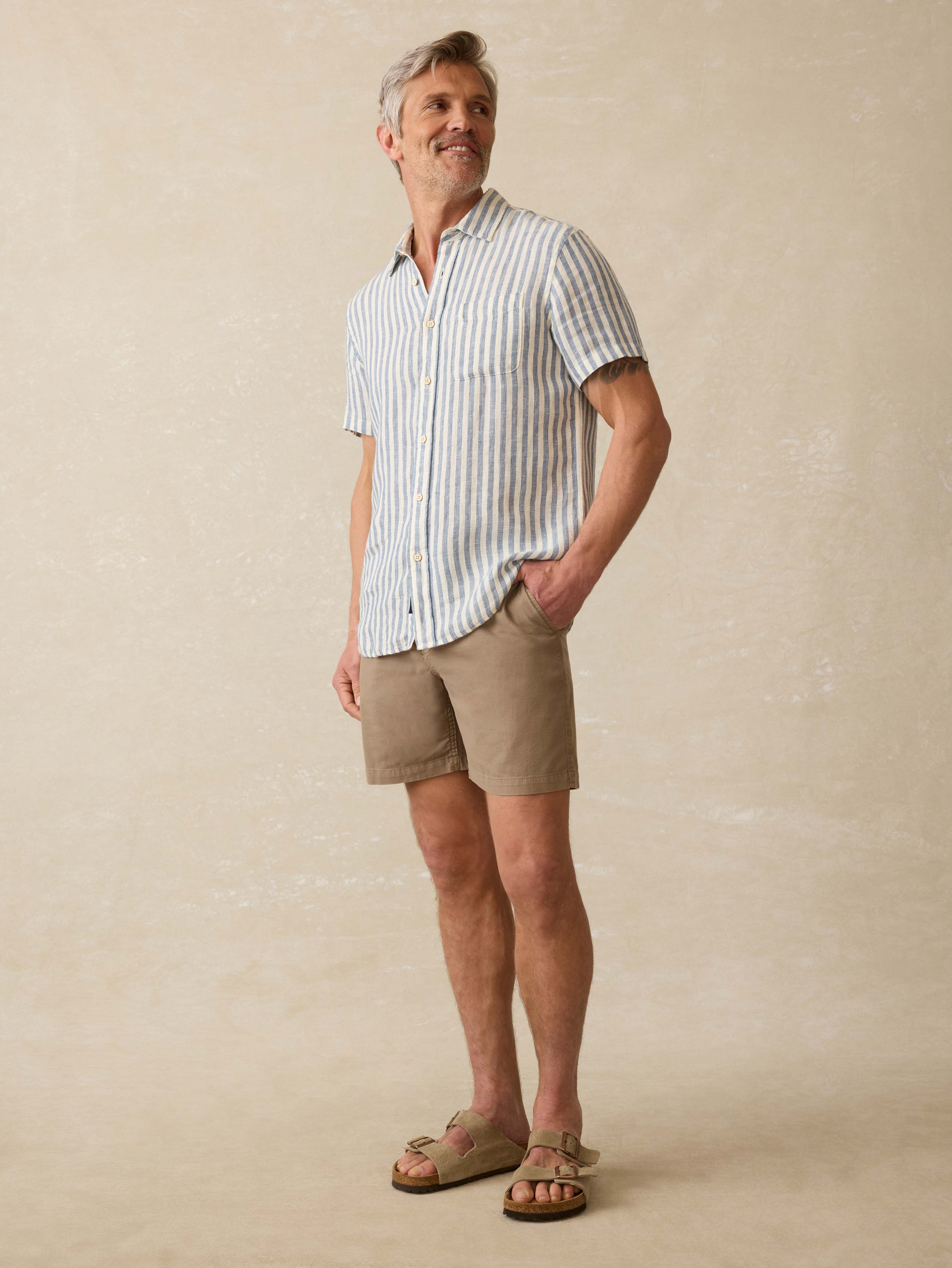 Short-Sleeve Palma Linen Shirt - Horizon Ivory Stripe - Image 5