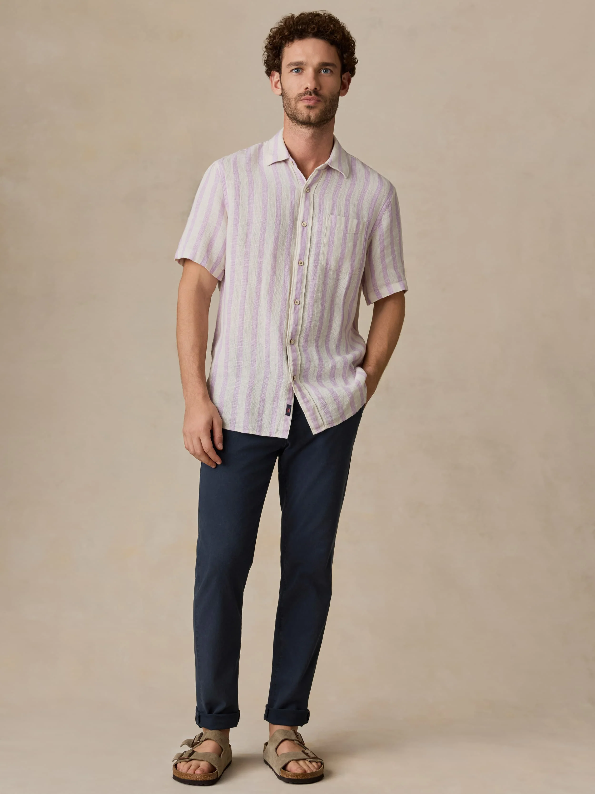 Short-Sleeve Palma Linen Shirt - Lilac Shell Stripe - Image 7