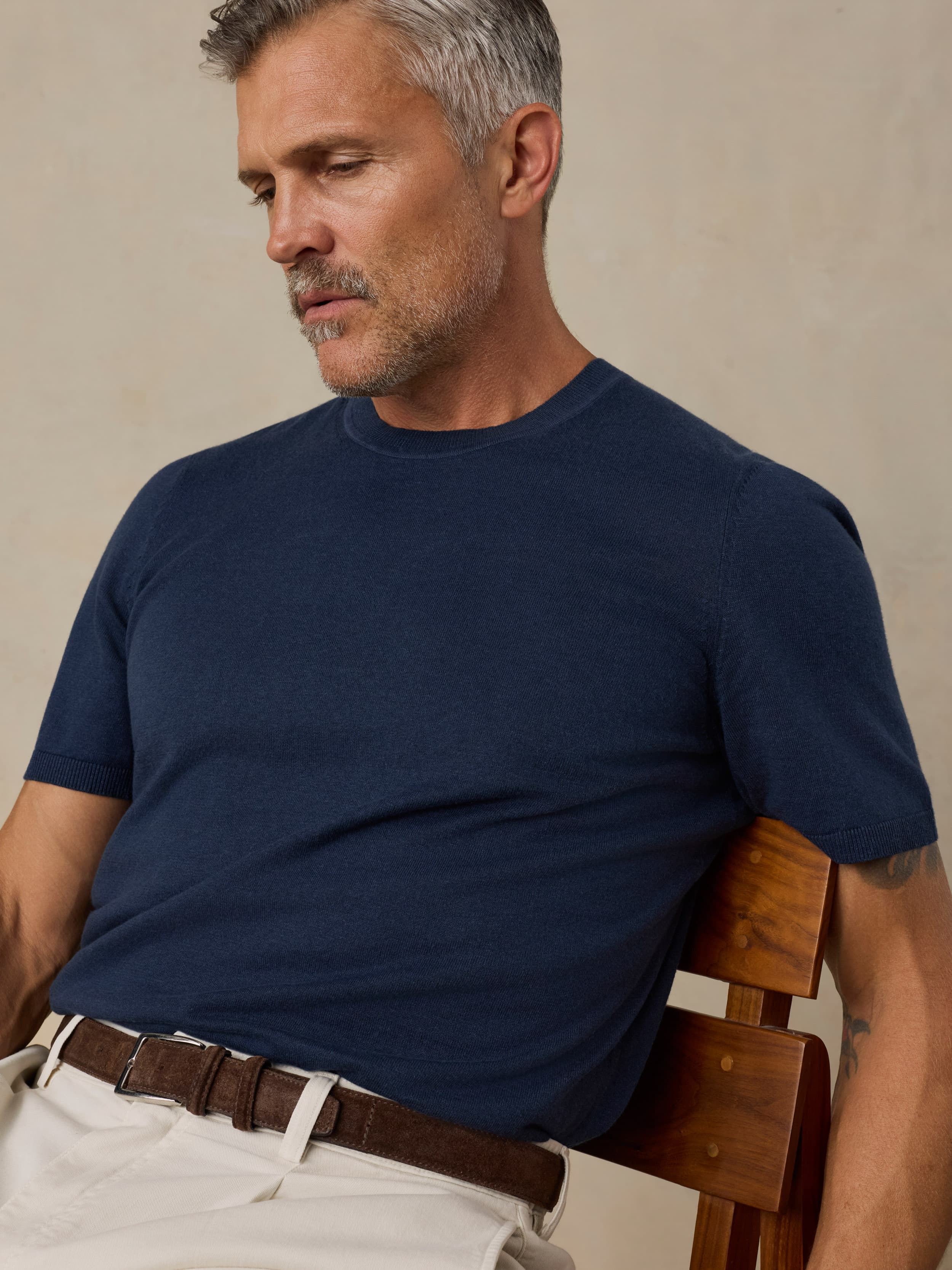 Short-Sleeve Sweater Tee - Deep Navy - Image 3
