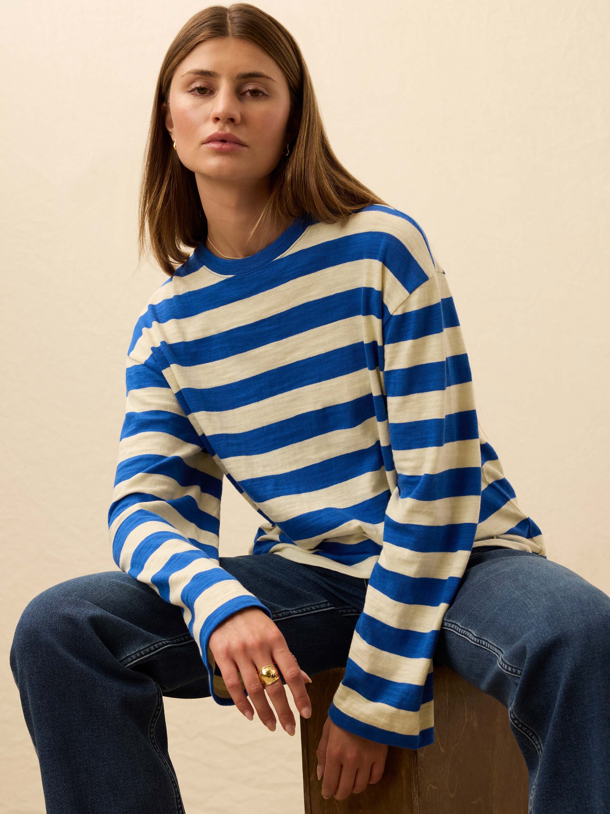 Sunwashed Organic Long-Sleeve Retro Tee - Sea Stripe - Image 4